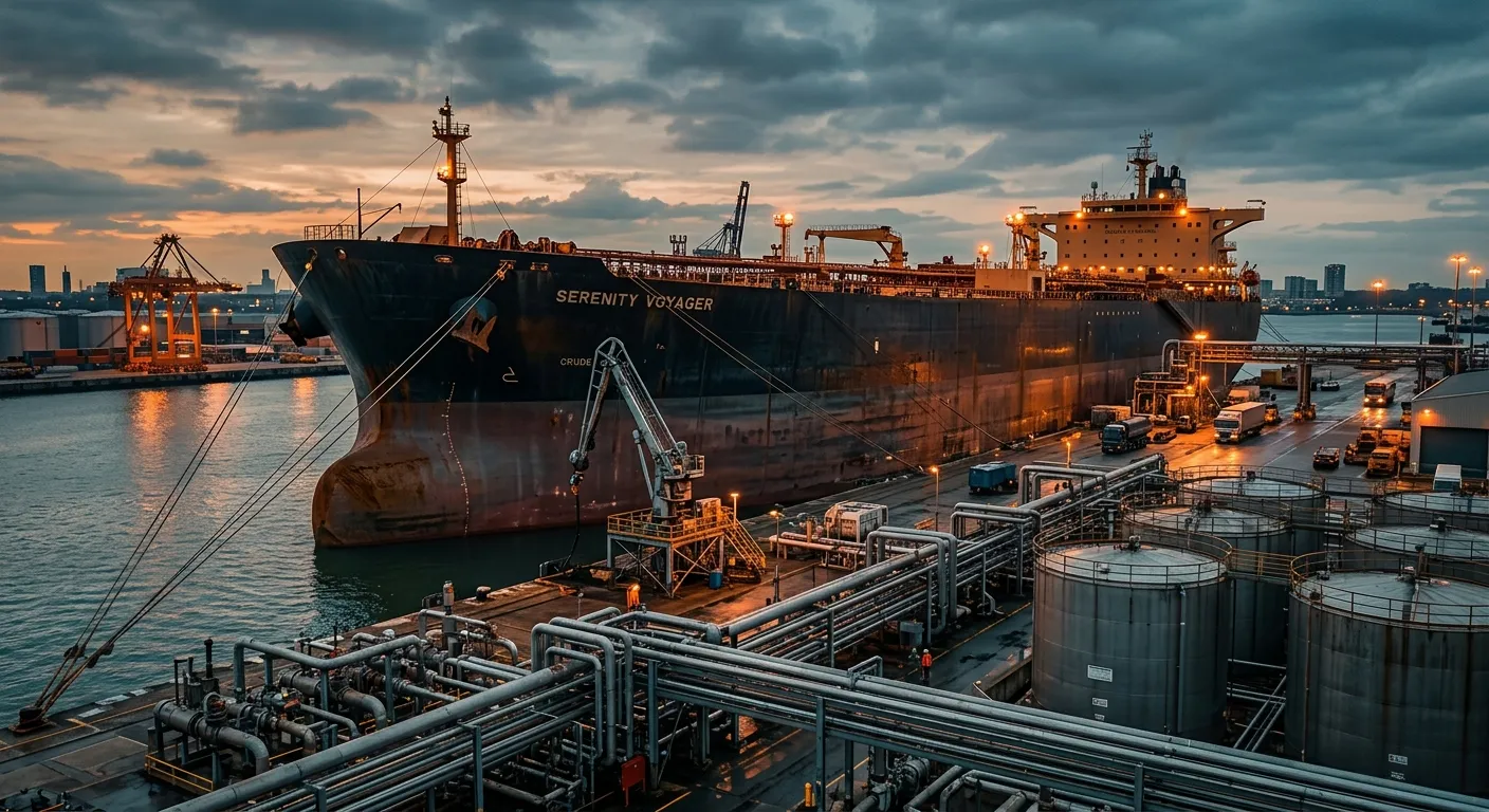 Massive crude oil supertanker docked at an industrial port at dusk