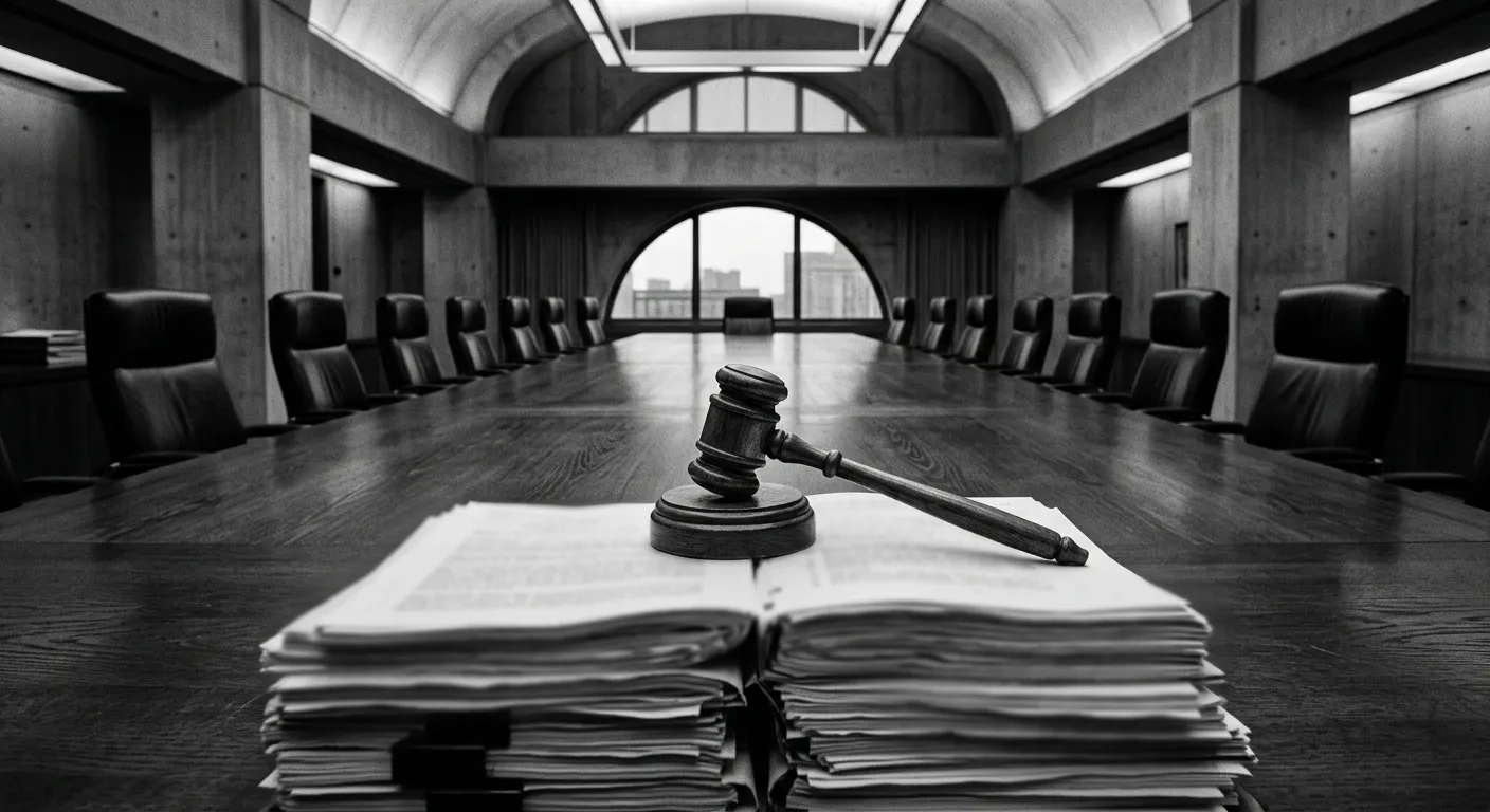 Imposing central bank boardroom table with a gavel and financial reports