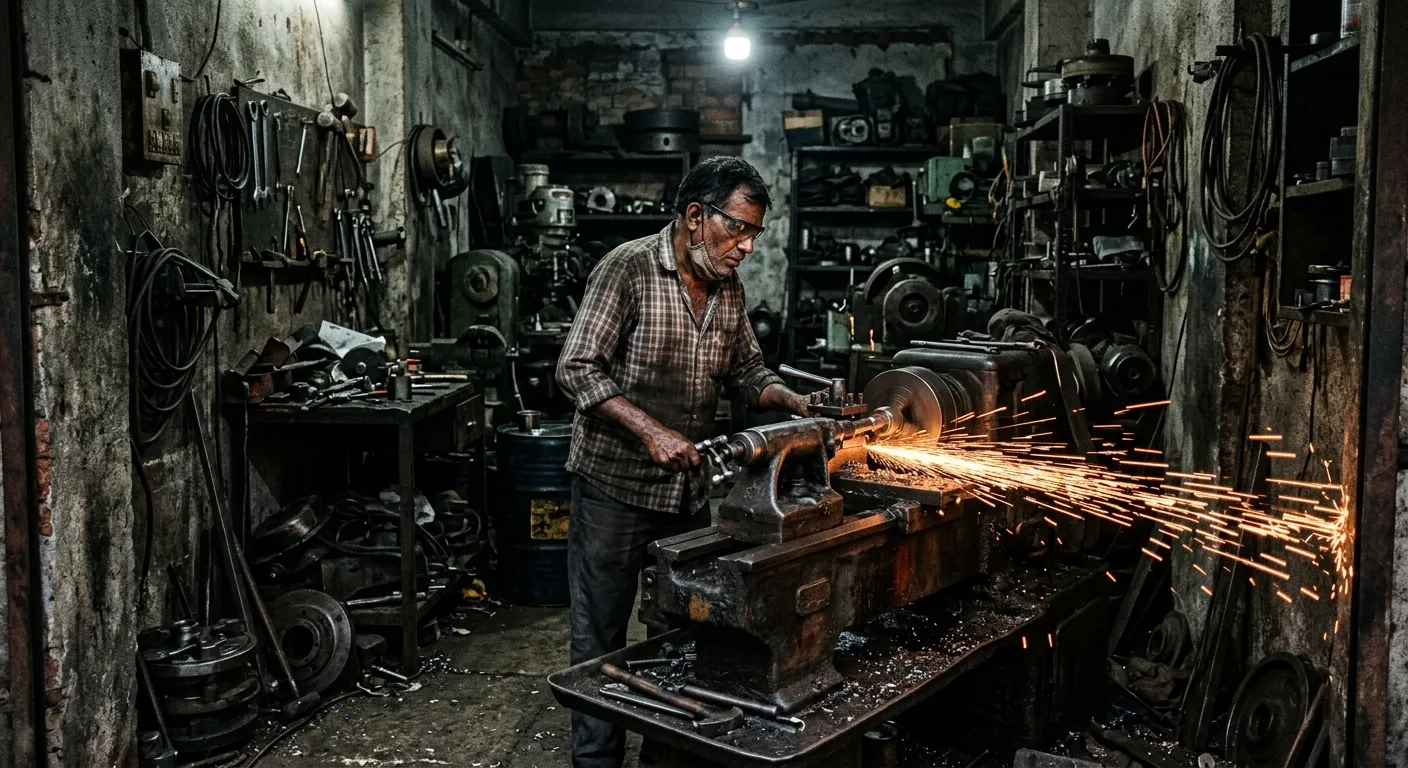 Sparks flying in a dimly lit small-scale manufacturing unit