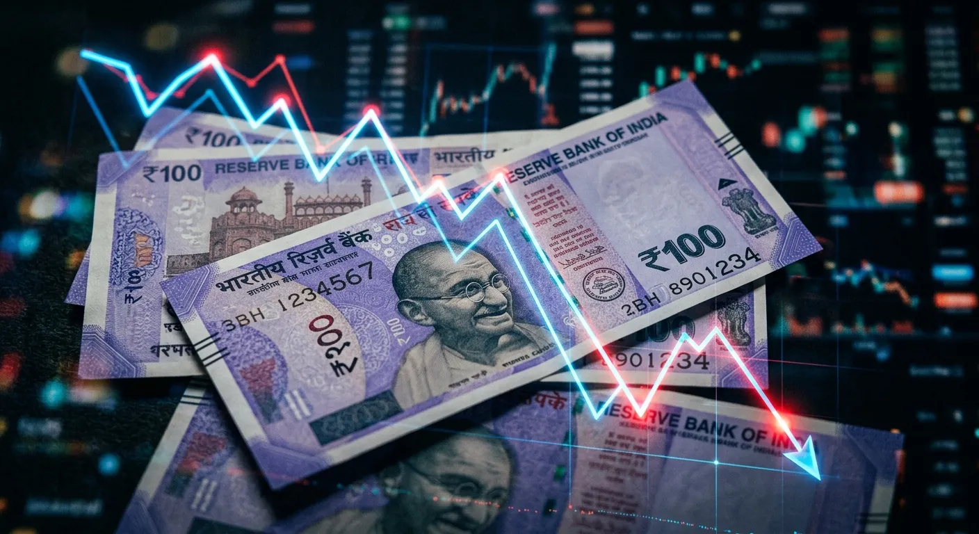 Indian currency notes overlaid with downward trending financial graphs