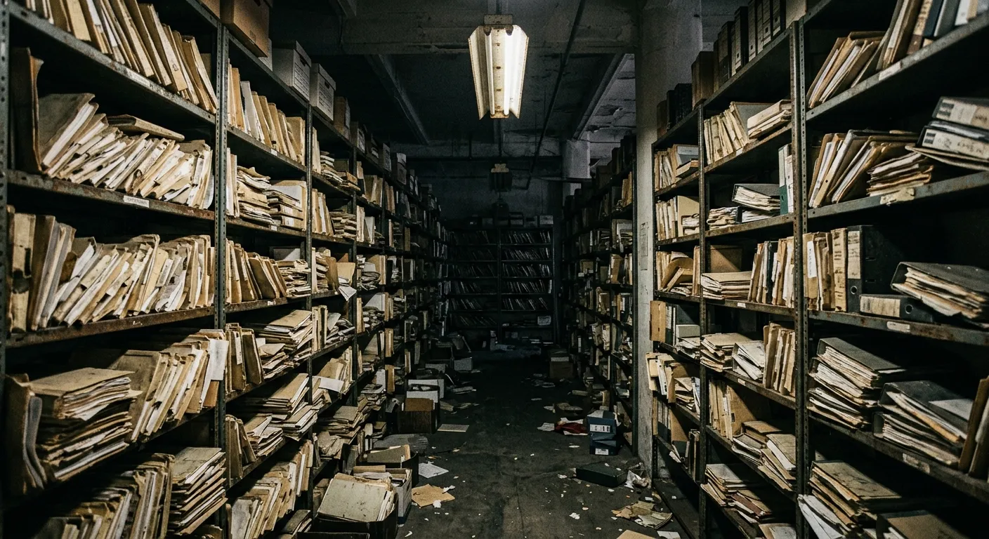 Chaotic and overflowing government archive room