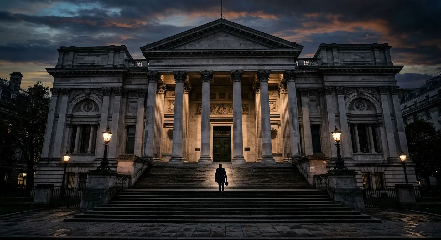 Imposing facade of a high court building at dusk