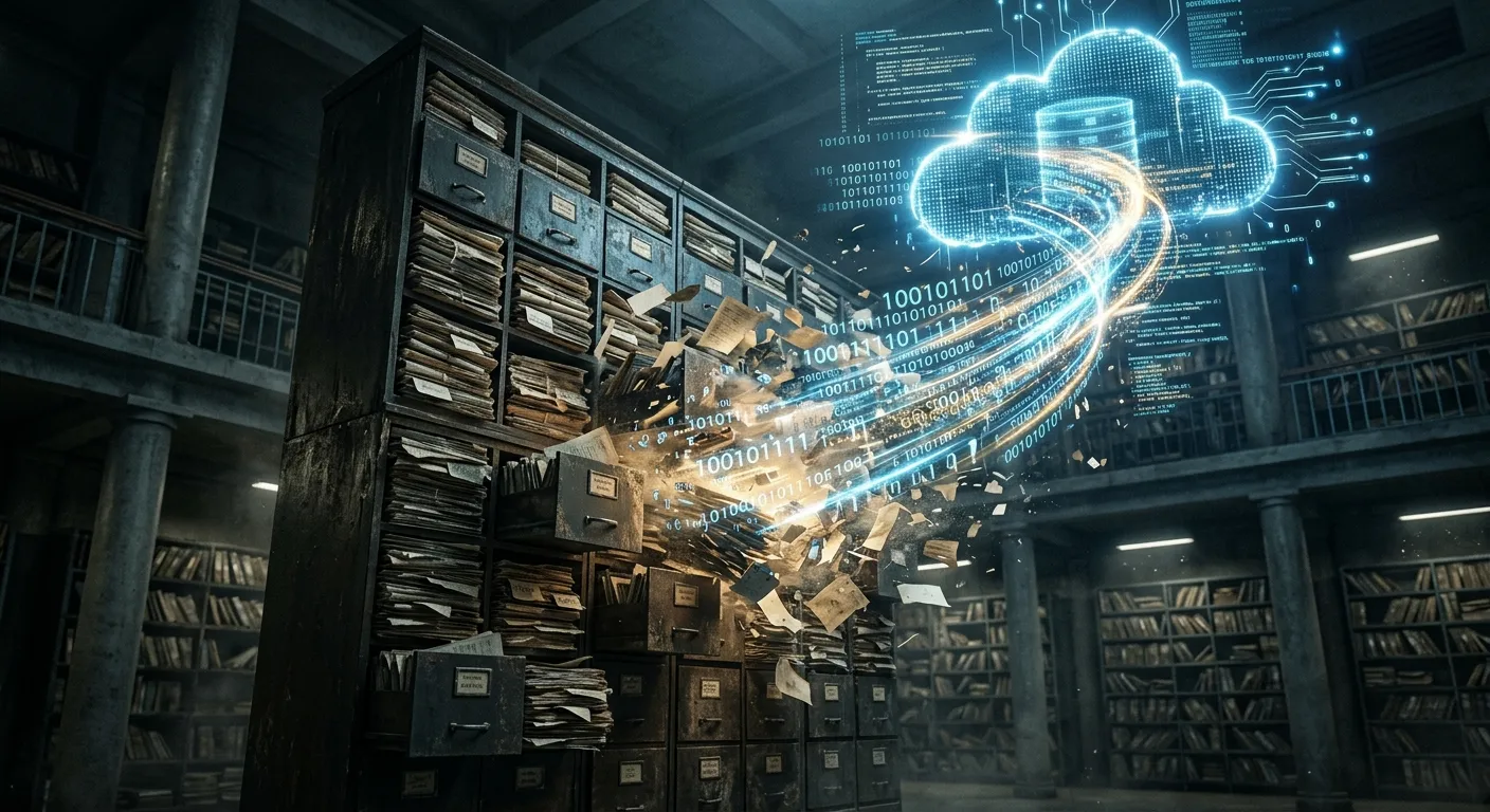 Traditional filing cabinets dissolving into digital code representing the Kutumba registry