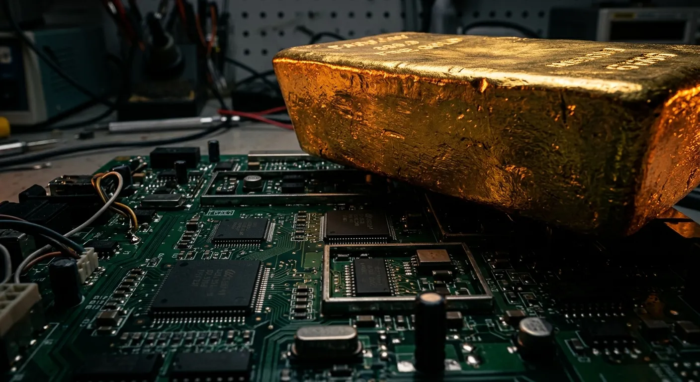 Electronic components overshadowed by a gold bar