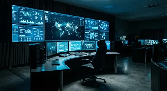 A dark control room with glowing monitors displaying abstract data graphs