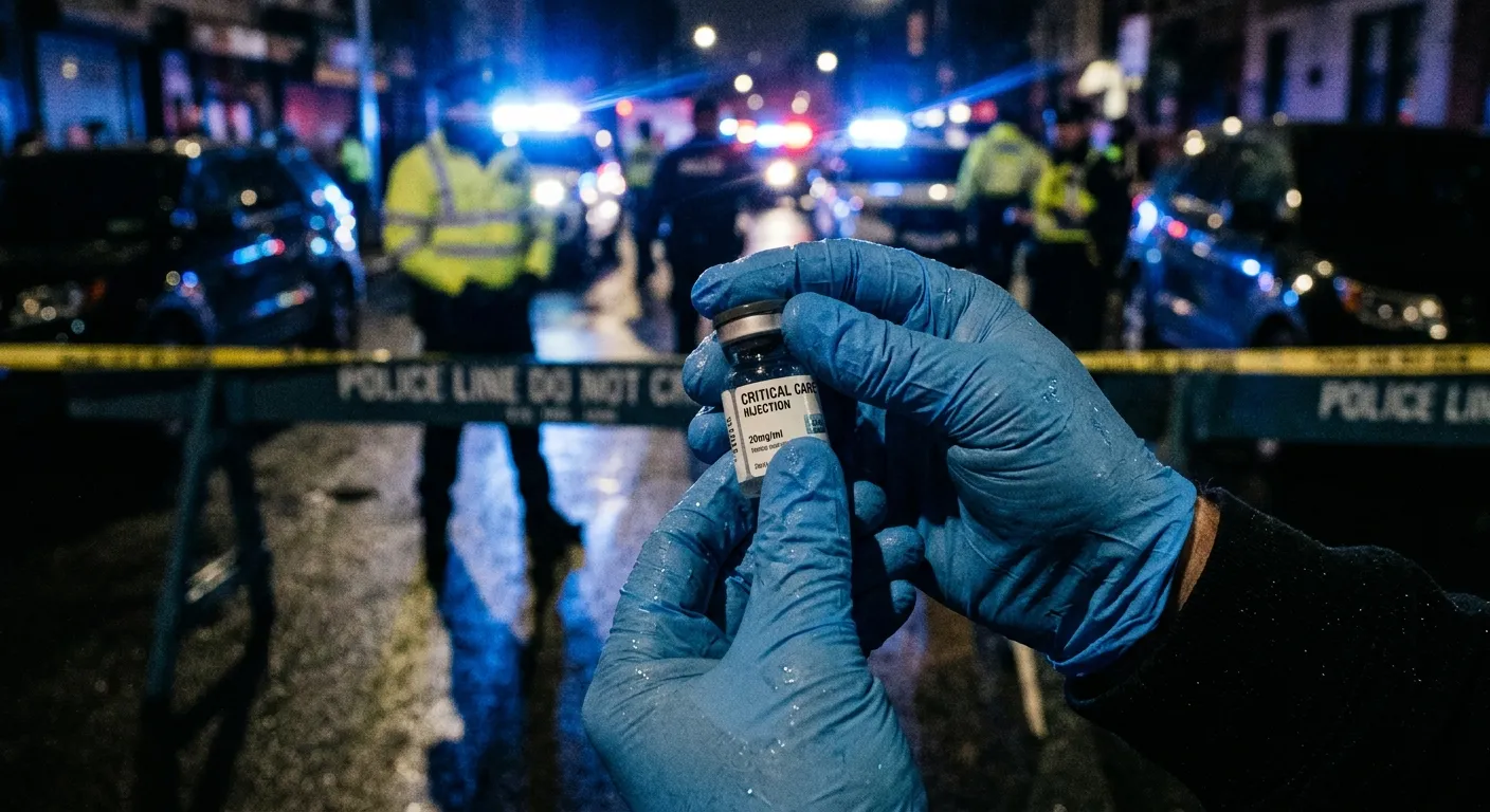 Hands in medical gloves holding a medicine vial against a backdrop of police lights