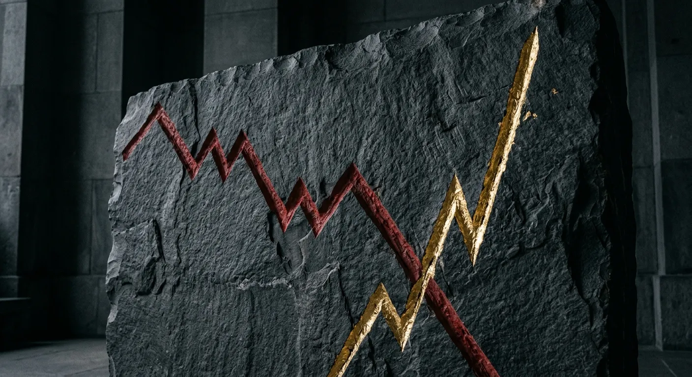 Financial chart showing downward currency trend and upward gold spike