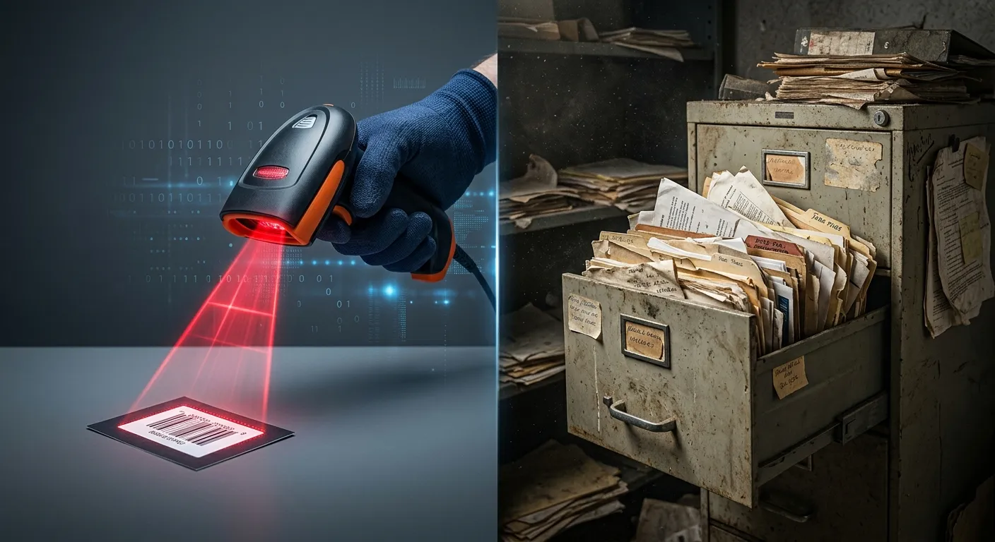 Contrast between a digital barcode scanner and overflowing paper records