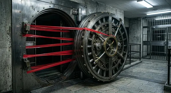 Bank vault door sealed with red regulatory tape