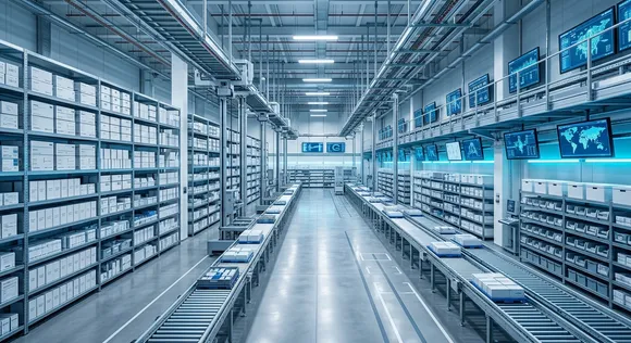 A modern, automated medical warehouse with digital tracking systems