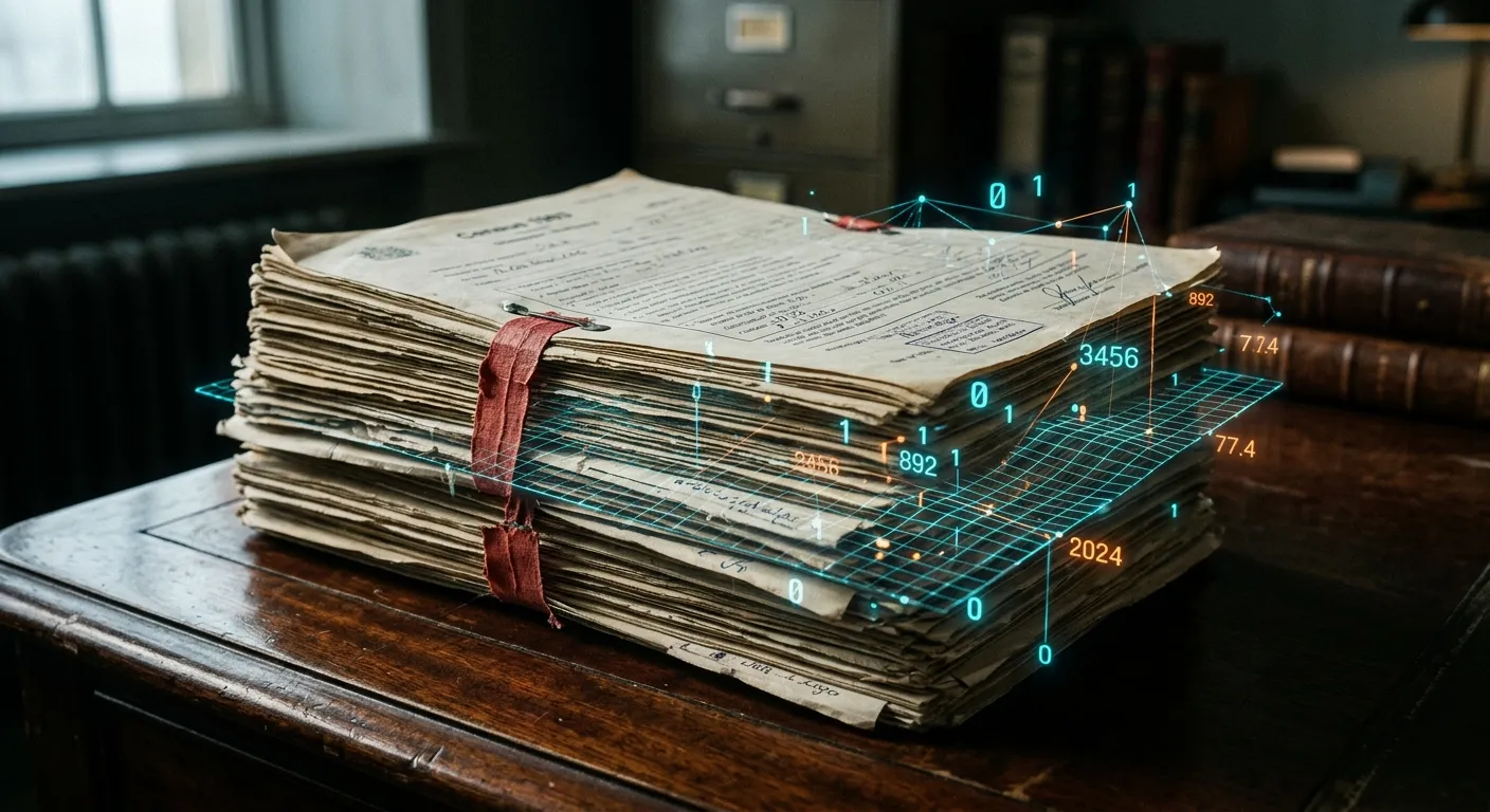 Official government documents overlaid with digital data grids representing statistical modernization.