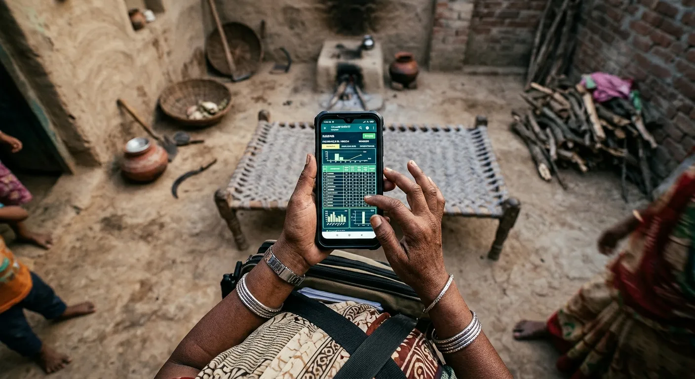 Enumerator holding a smartphone in a rural setting