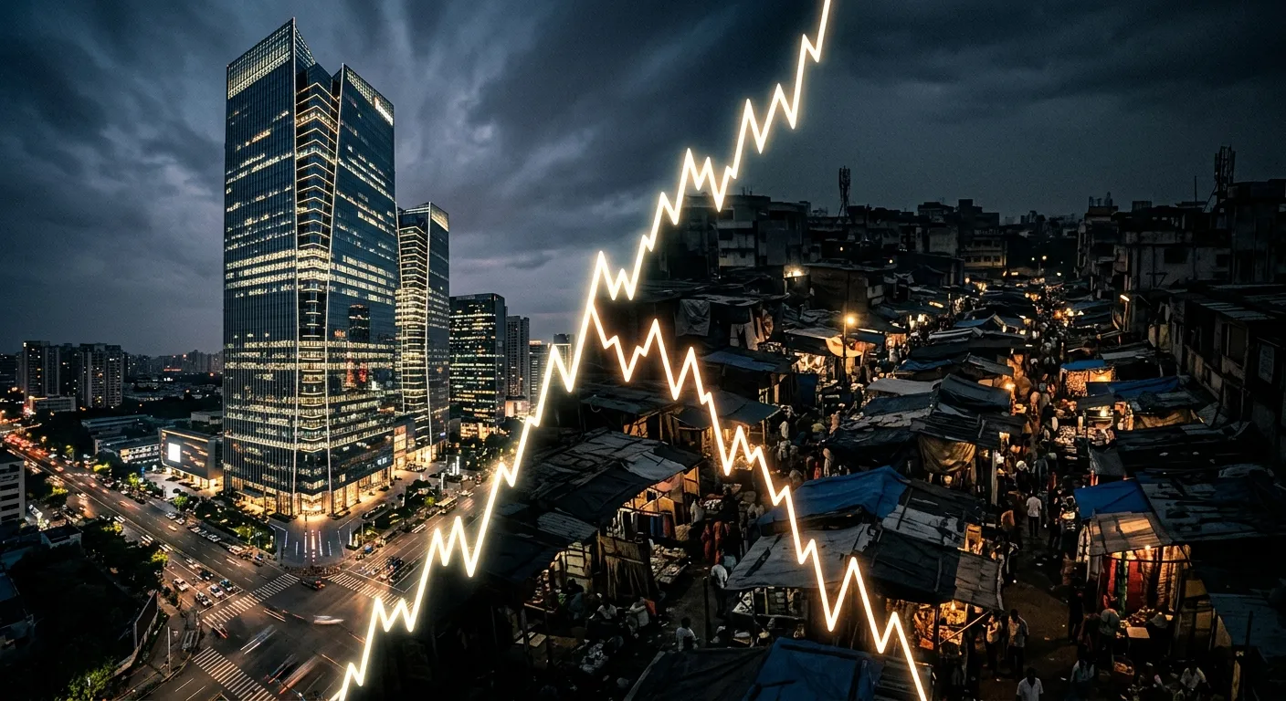 Visual contrast between a modern corporate skyscraper and a shadowed informal marketplace representing economic inequality.