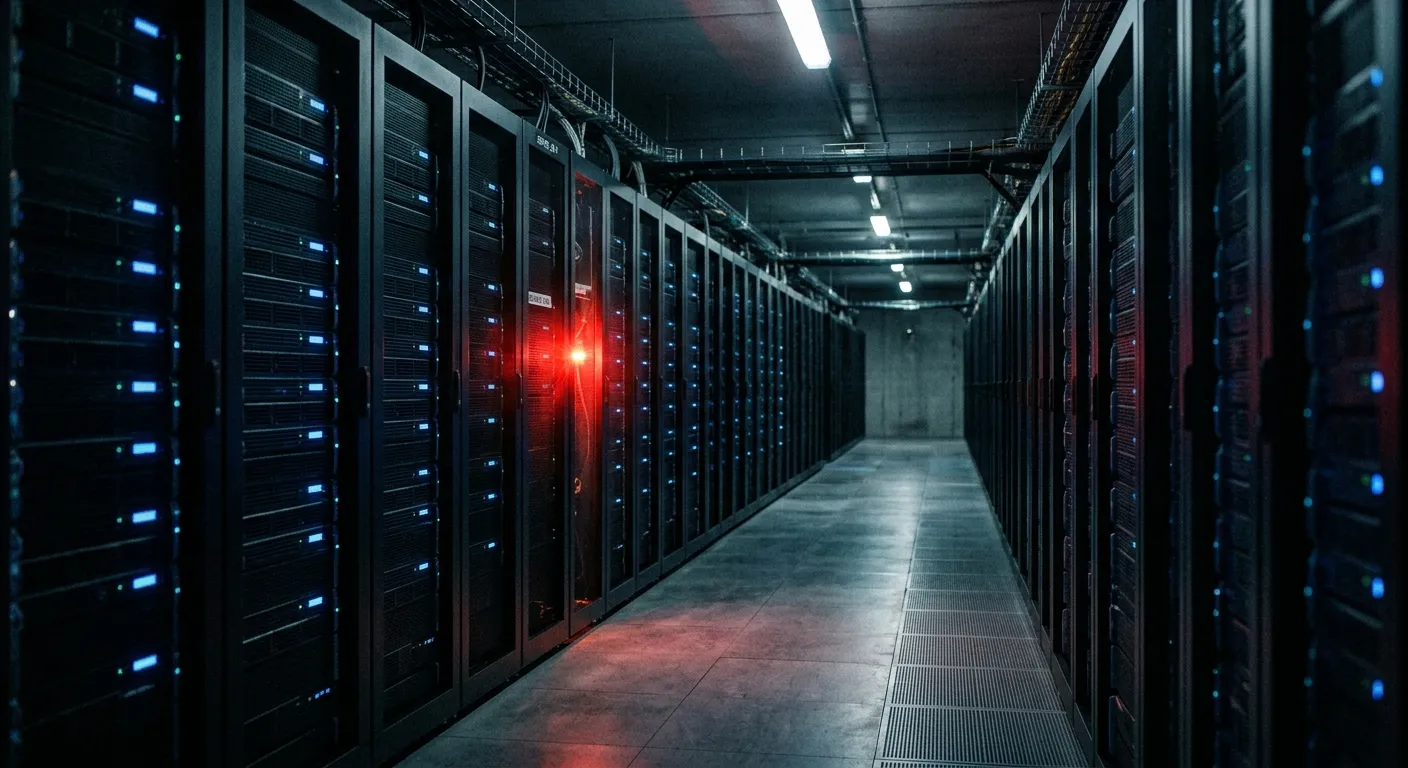Dark server room with a red warning light indicating data vulnerability