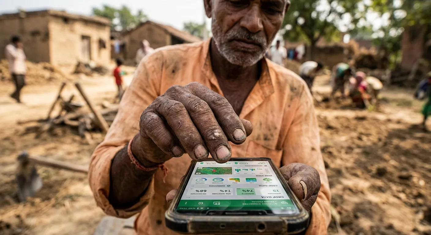 A weathered hand interacting with a glowing smartphone screen