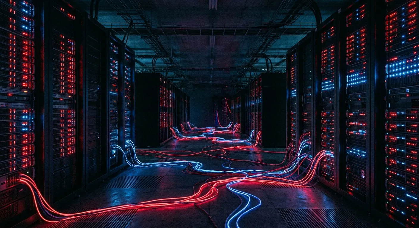 Dark server room illuminated by red and blue LED lights