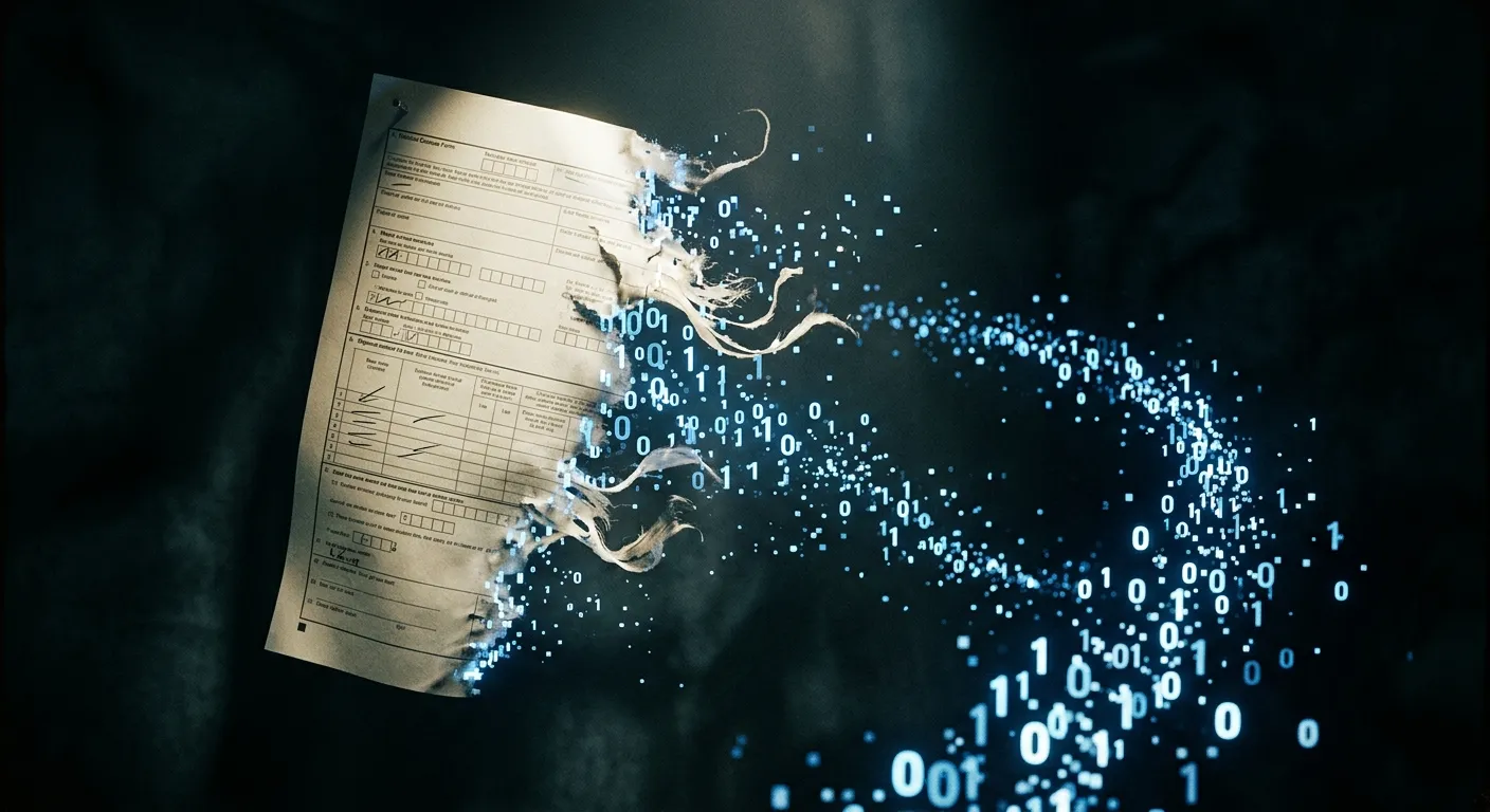 Paper census form dissolving into digital pixels