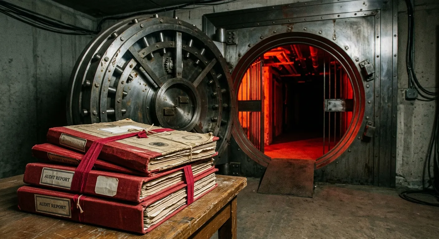 Audit reports stacked outside a bank vault representing CAG warnings