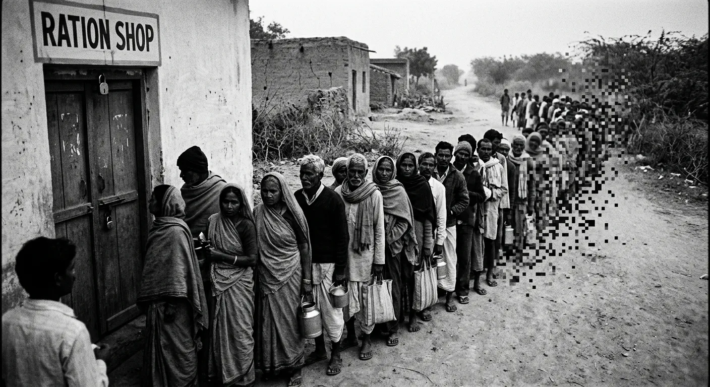 Shadowy queue of people fading into pixels representing missing welfare data