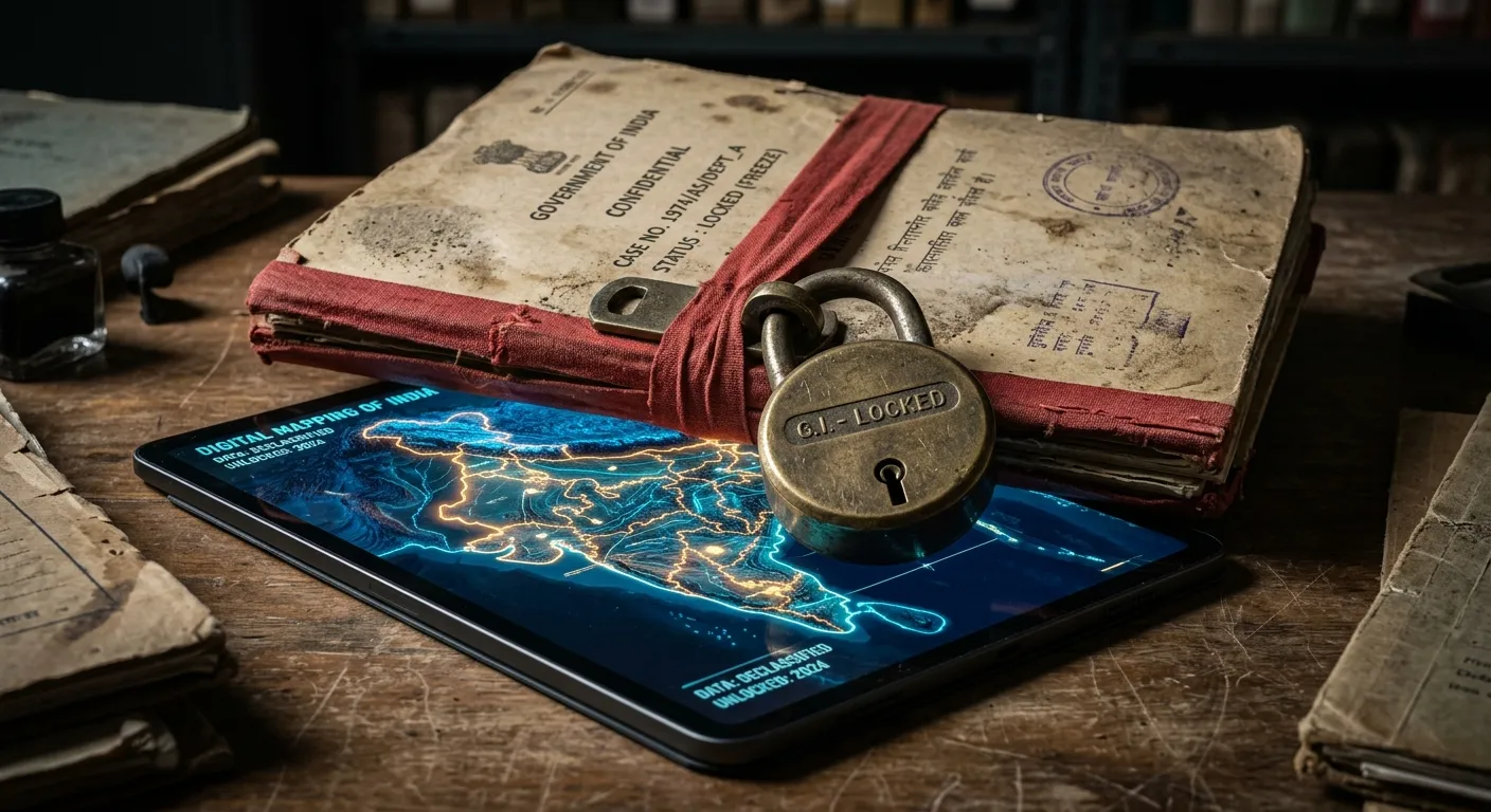 Vintage government file locked with a padlock resting on a digital tablet displaying a map of India