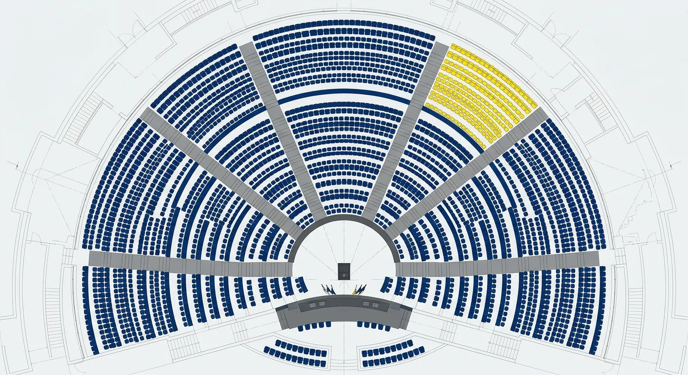 Abstract parliamentary seating arrangement showing a massive color-coded imbalance
