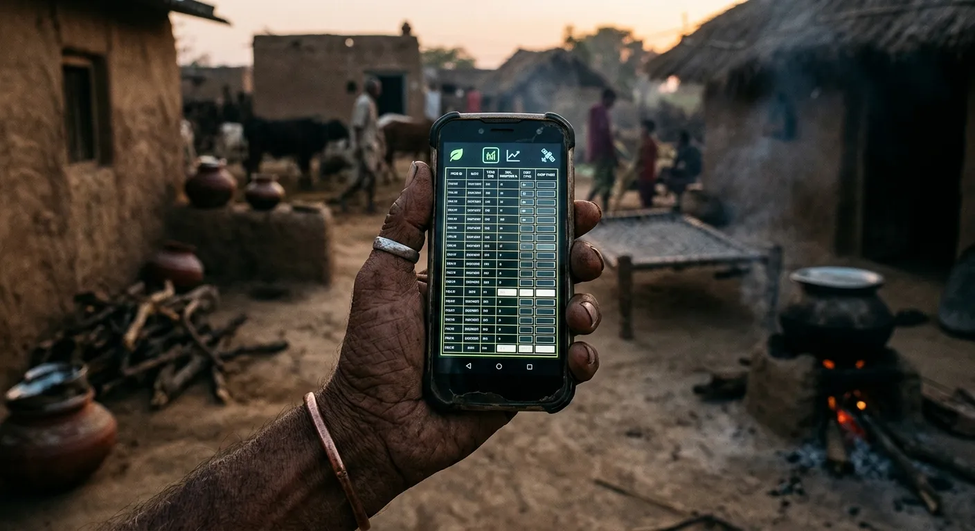 A rural enumerator holding a smartphone for digital census data collection