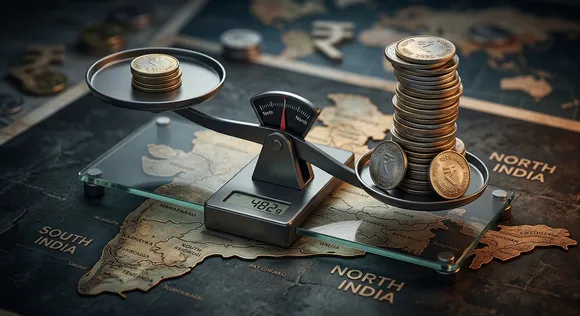Uneven stacks of Indian rupee coins on a balancing scale representing fiscal disparity