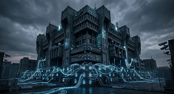 Brutalist architecture surrounded by digital security motifs representing a data honeypot