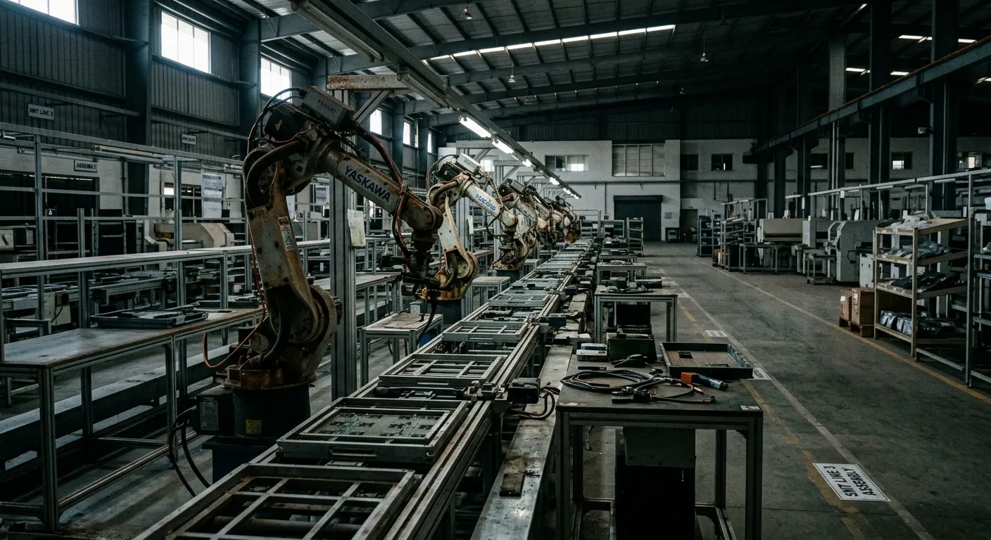 An empty, stalled electronics manufacturing floor highlighting the hardware capital drought