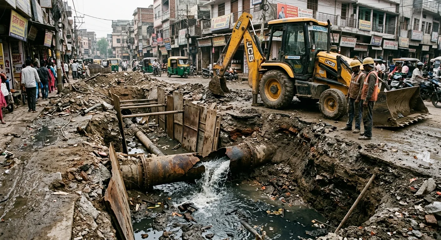 Excavated city street showing a broken water pipe mixing with dark sewage water