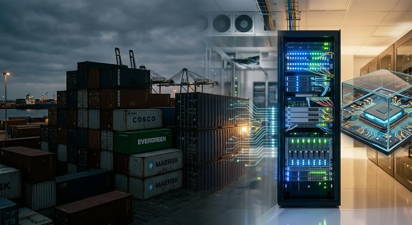 Conceptual image blending shipping containers with high-tech server racks