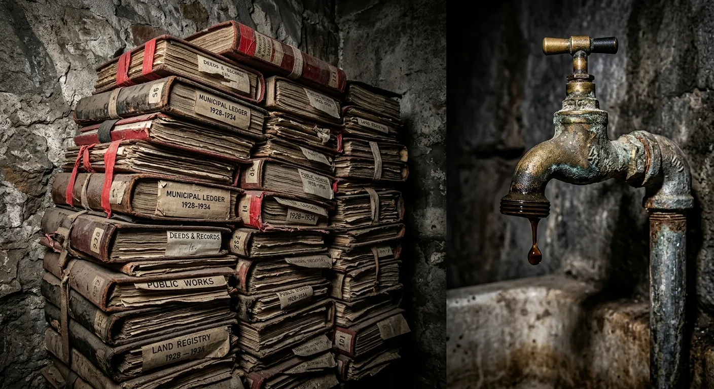 Stack of municipal ledgers next to a corroded tap dripping dirty water