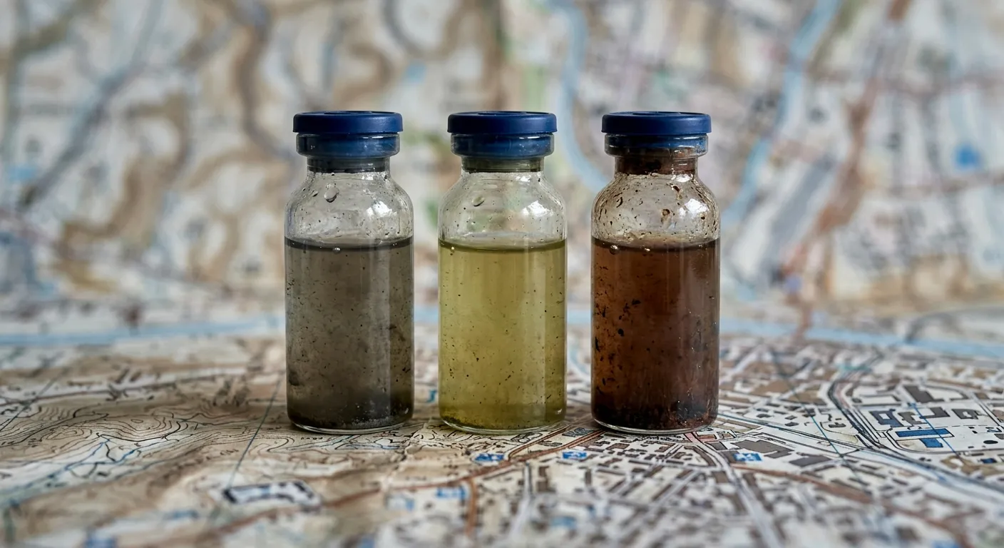 Laboratory vials containing contaminated water resting on a blurred city map