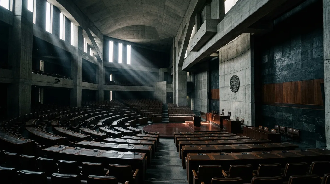 Empty legislative assembly hall representing constitutional weight