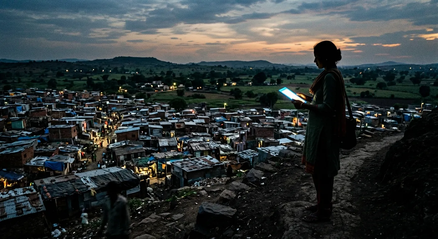 A census worker using a digital tablet in a complex urban environment