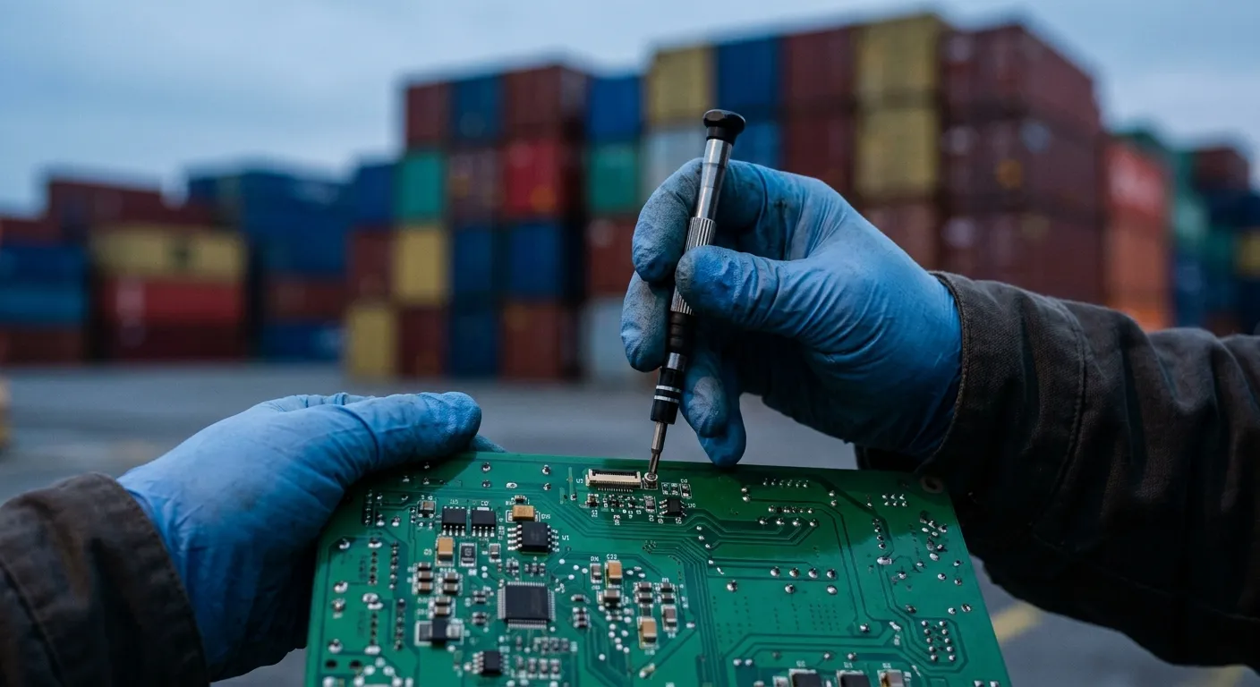 Worker assembling a circuit board with shipping containers in the background