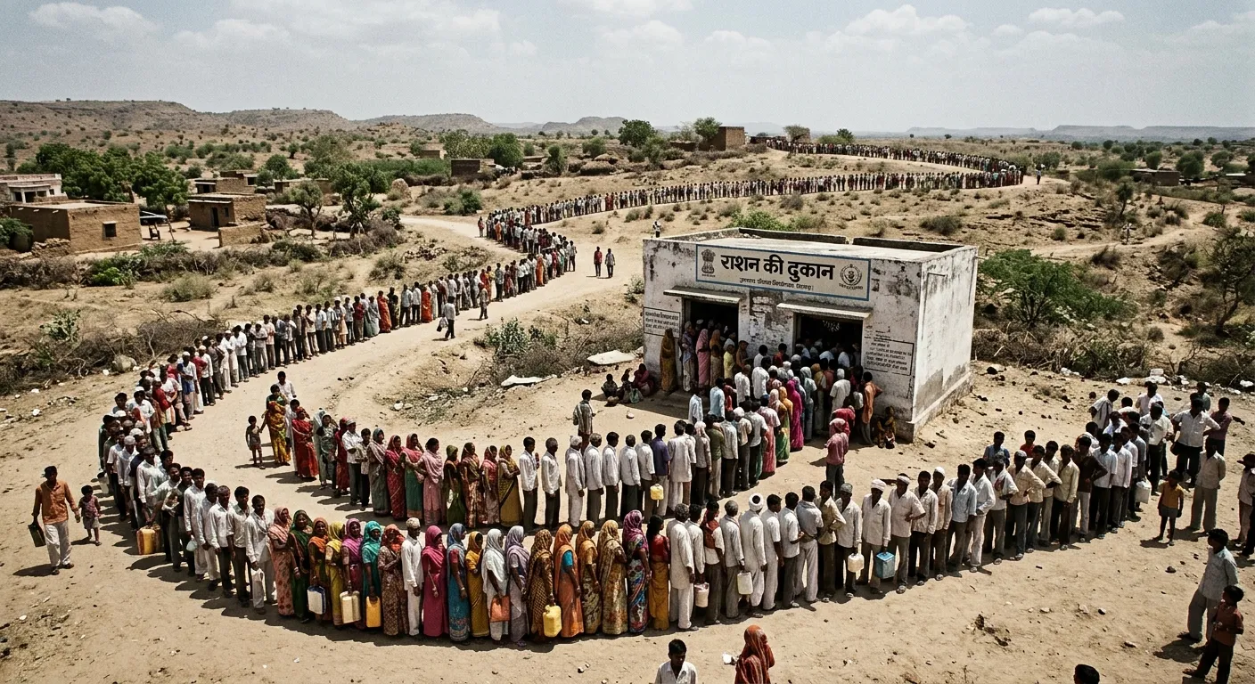 A long queue of people waiting outside a rural ration shop in India, highlighting welfare exclusion.