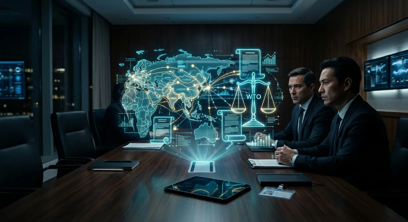 Holographic projection of global trade routes and legal documents in a boardroom
