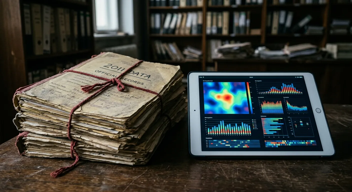 Dusty government files next to a modern tablet displaying demographic data.