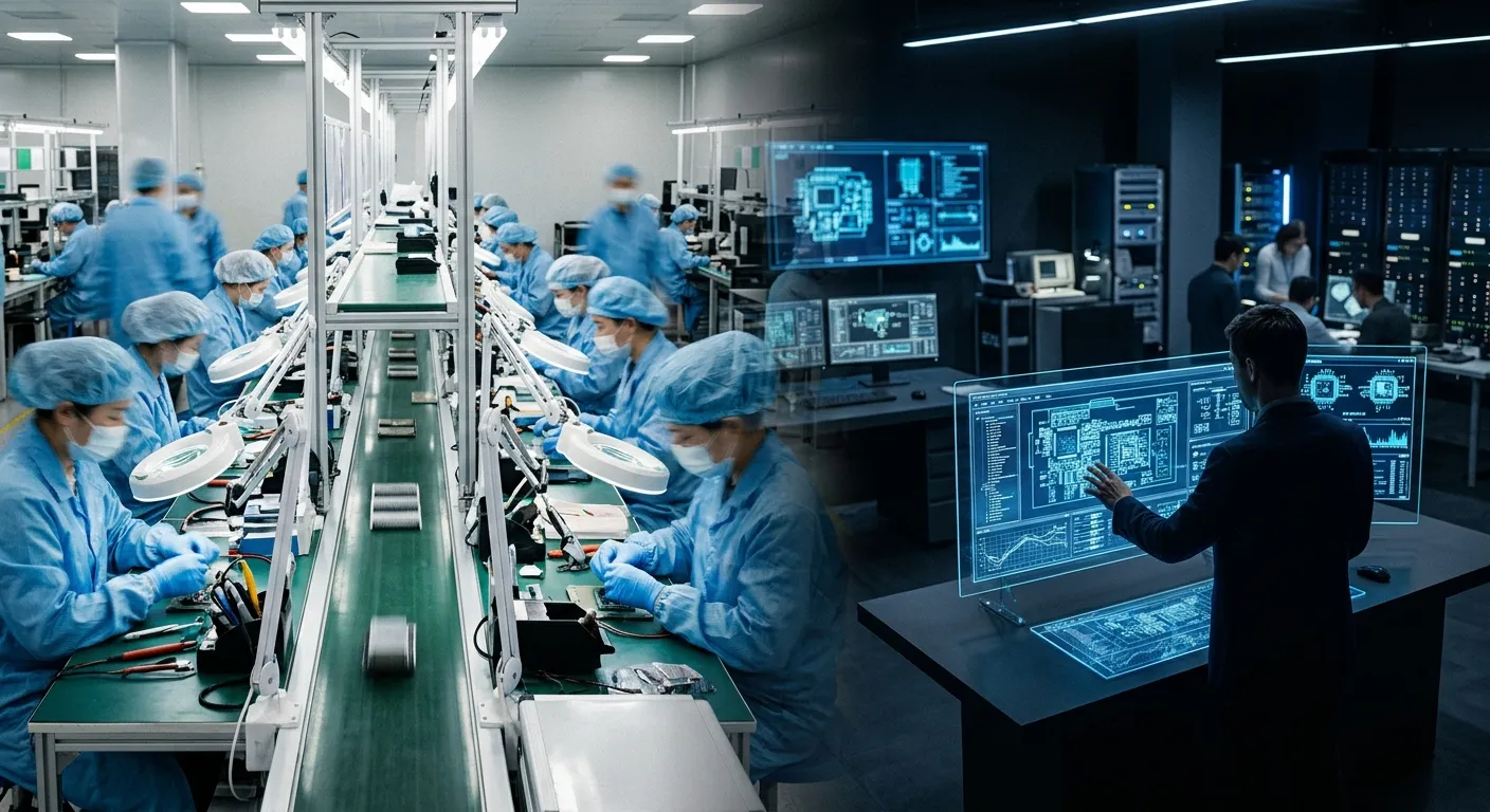 Split view of manual assembly line and high-tech semiconductor design lab