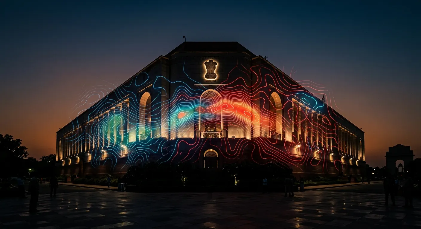 The Indian parliament building overlaid with glowing demographic maps representing delimitation.