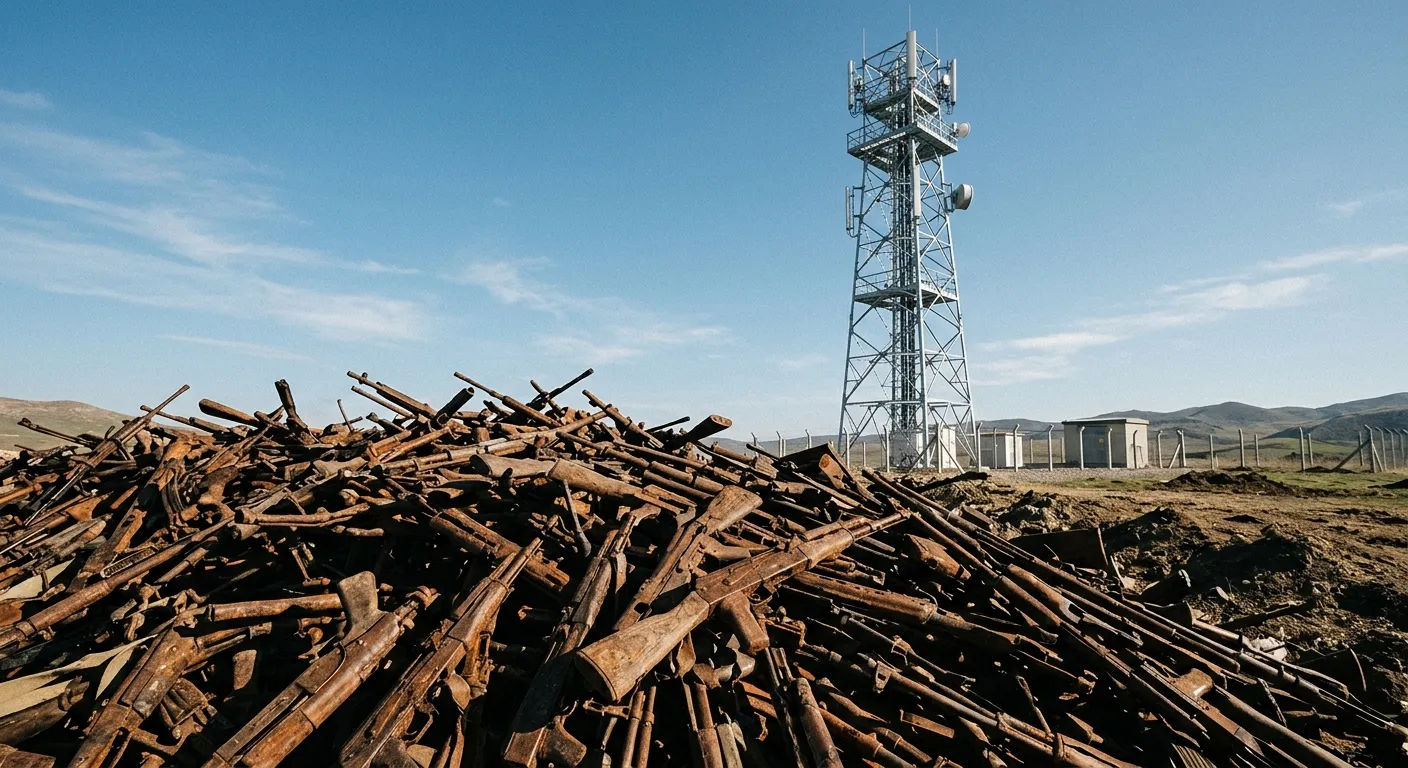 Surrendered rifles contrasting with a modern telecom tower