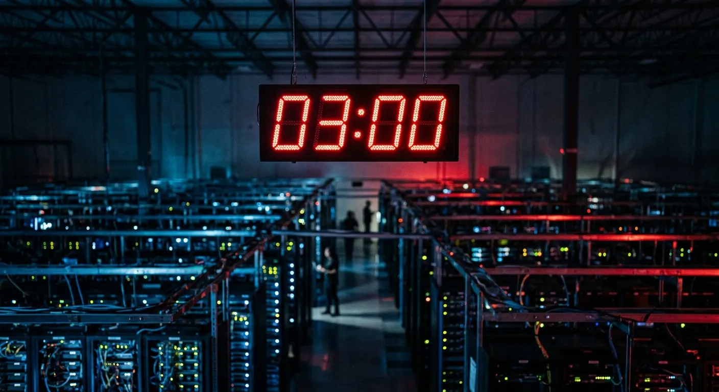Conceptual image of a digital clock over a server farm representing the 3-hour takedown window