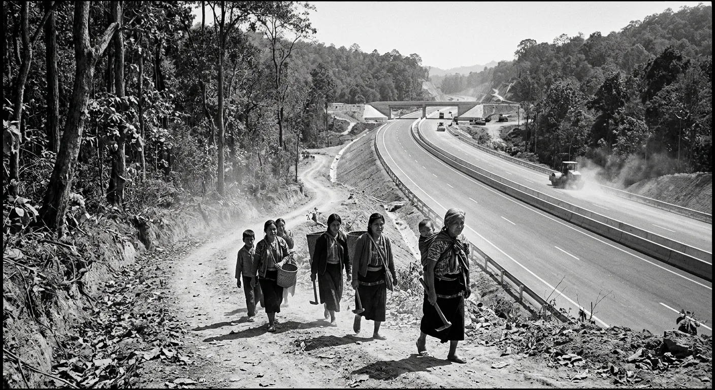 Tribal people walking next to a newly constructed highway in a forest