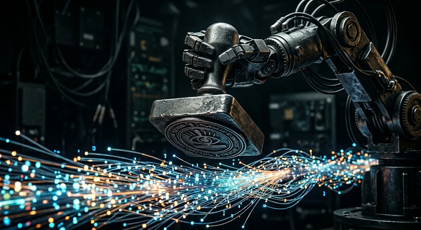 Conceptual image of a robotic arm holding a censor stamp over data streams