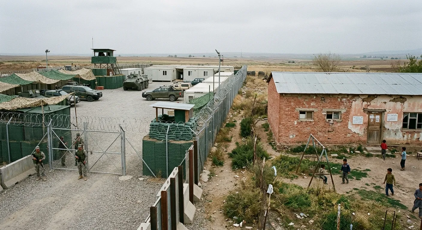 A fortified police camp next to a dilapidated village school