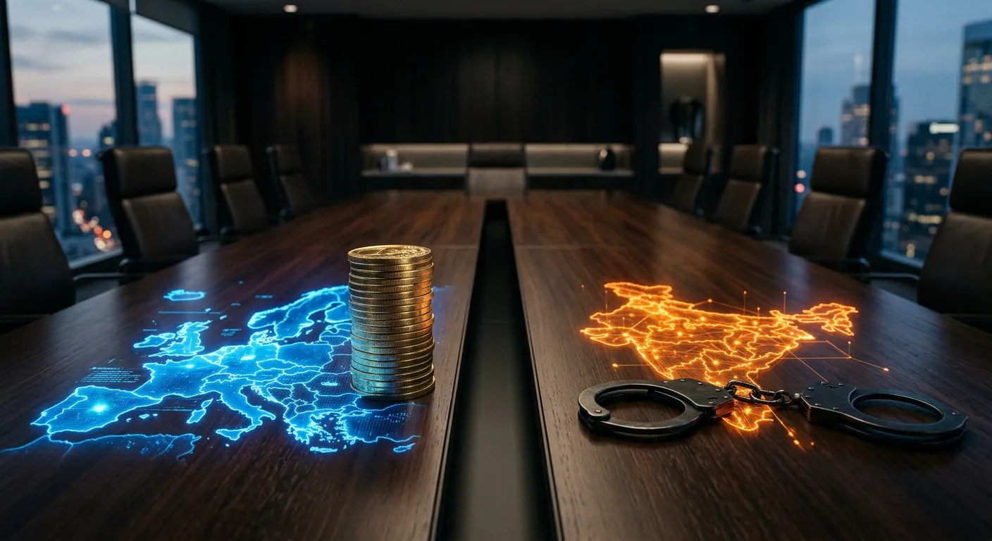 Conceptual image contrasting European and Indian regulatory approaches on a boardroom table