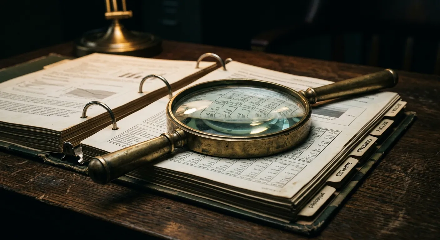 Macro shot of a defense procurement financial dossier with a magnifying glass