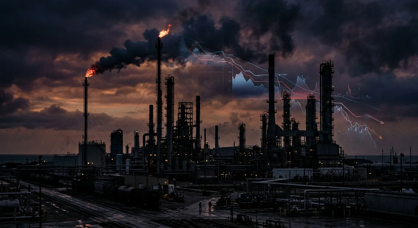 Oil refinery at dusk overlaid with abstract financial charts