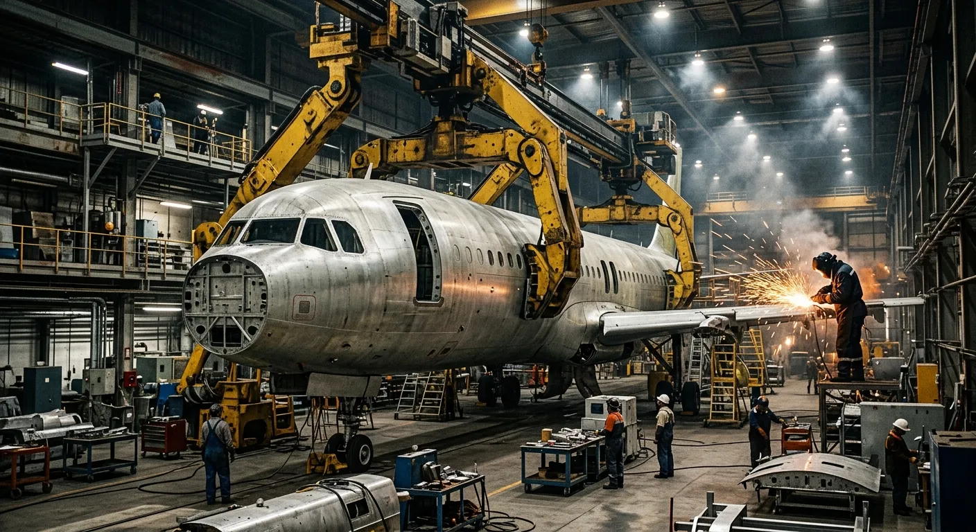 Industrial aviation assembly line showing a military aircraft fuselage